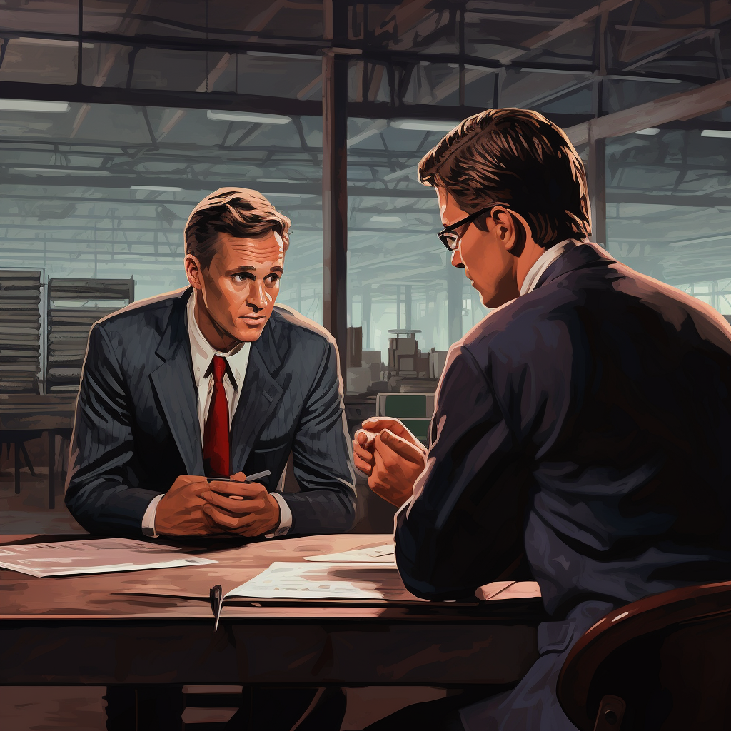 Two men negotiating in a factory