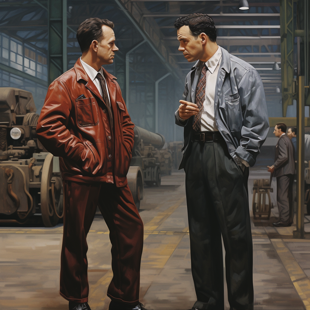 man negotiating with other man at factory