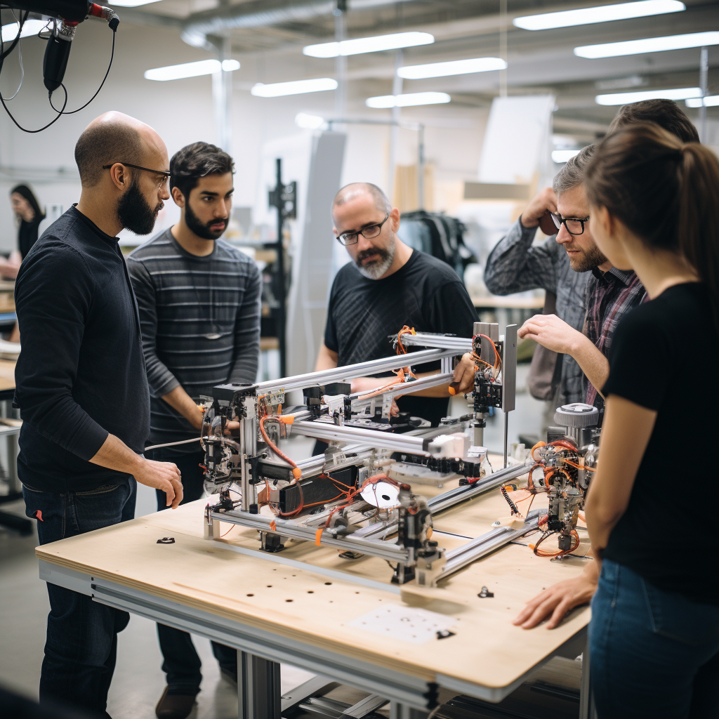 group of people observing construction of prototype