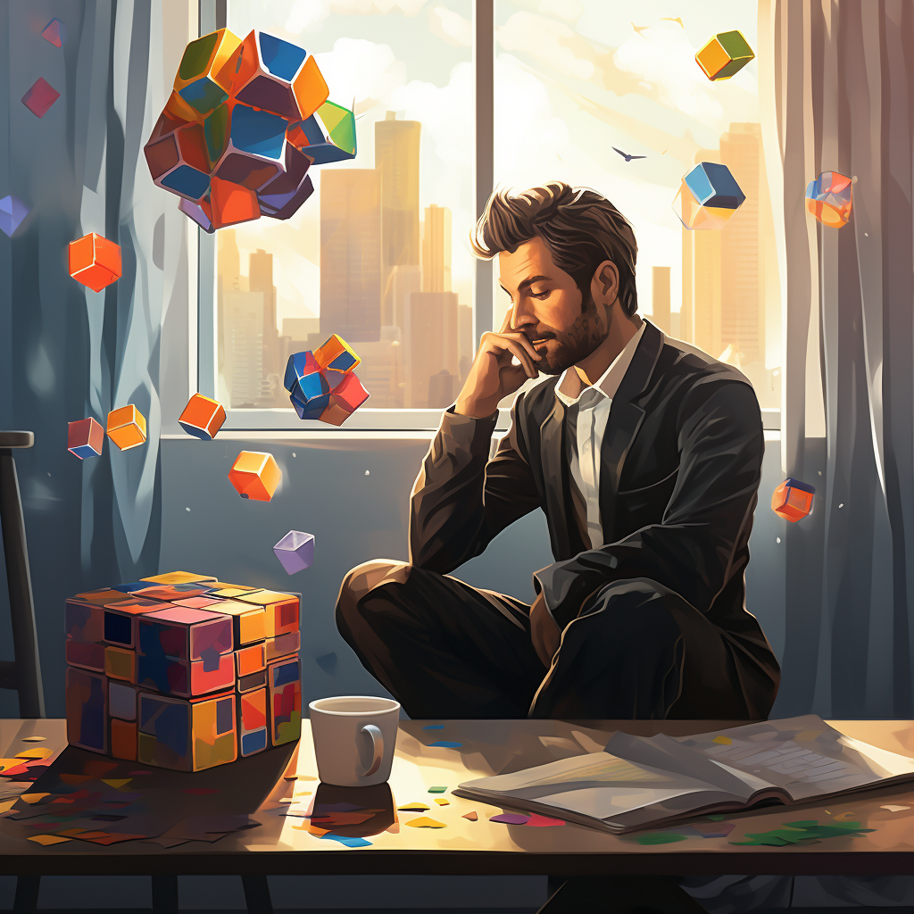 A man sitting in an office thinking of product ideas