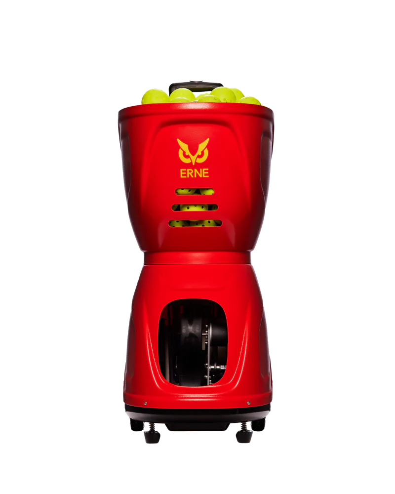 ERNE pickleball ball machine in red with the brand's yellow owl logo, loaded with neon yellow pickleballs in the top hopper, shown against a black background.
