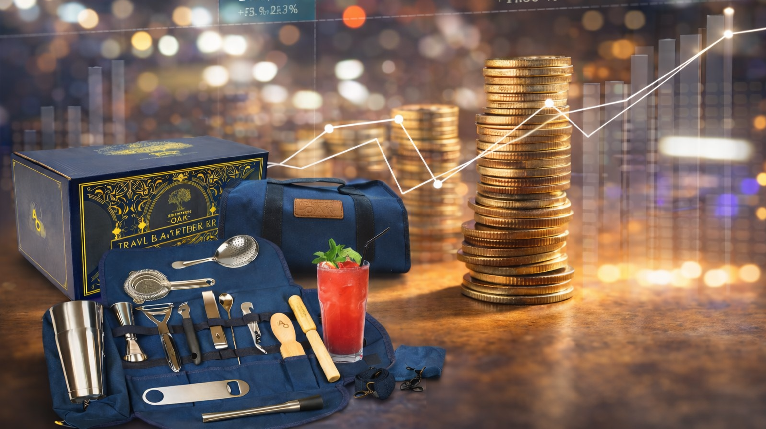 Travel bartender kit with accessories beside stacked coins and growth chart illustrating product profitability and revenue growth