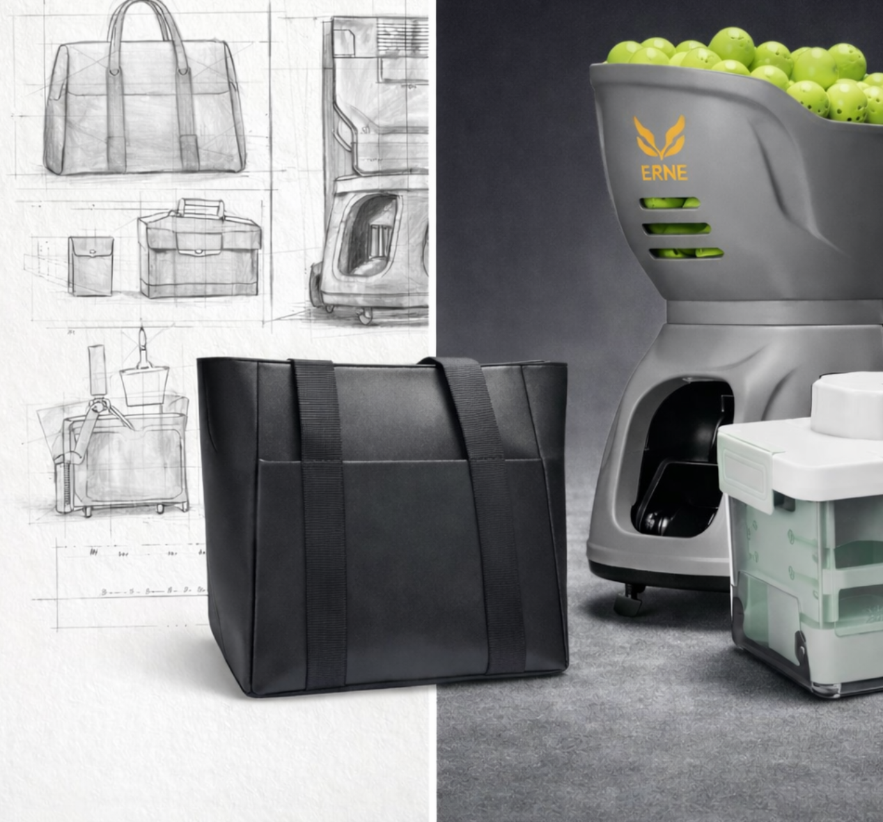 Concept-to-product display showing design sketches beside finished consumer products including tote bag, pickleball hopper, and storage container