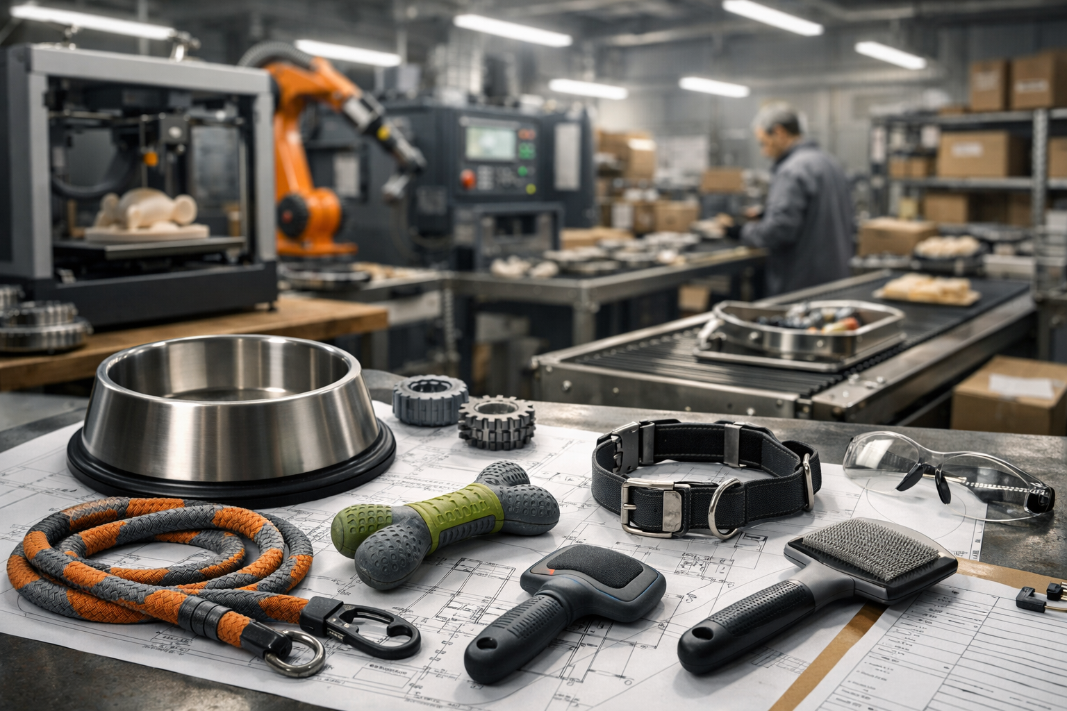 Manufacturing workspace displaying pet product development items on engineering drawings, including a stainless steel dog bowl, retractable leash, collar, rope toy, grooming brush, waste bag rolls, and metal tooling beside a conveyor line in a factory setting.