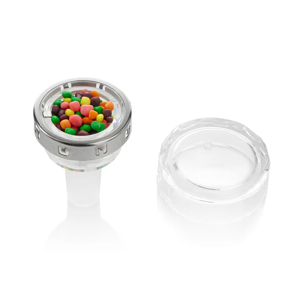 Mary Go Round Glass Bowl filled with skittles